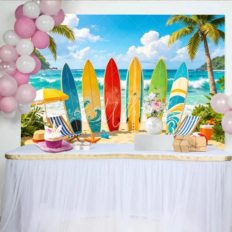 Lofaris Colorful Surfboard Summer Beach Photography Backdrop with Palm Trees and Ocean Waves Tropical Vacation Studio Photoshoot
