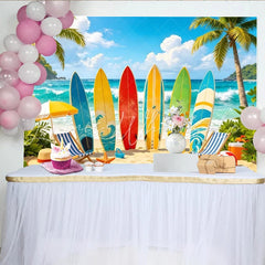 Lofaris Colorful Surfboard Summer Beach Photography Backdrop with Palm Trees and Ocean Waves Tropical Vacation Studio Photoshoot