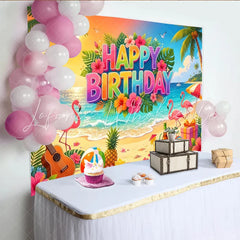 Lofaris Colorful Tropical Beach Birthday Backdrop with Flamingos and Palm Trees Vibrant Party Photography Background for Celebration