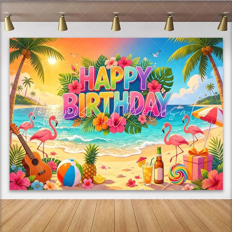 Lofaris Colorful Tropical Beach Birthday Backdrop with Flamingos and Palm Trees Vibrant Party Photography Background for Celebration
