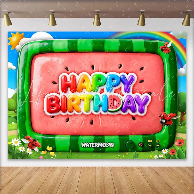 Lofaris Colorful Watermelon Cartoon Birthday Backdrop with Rainbow and Ladybugs Vibrant Party Background for Kids Photoshoot and Celebration