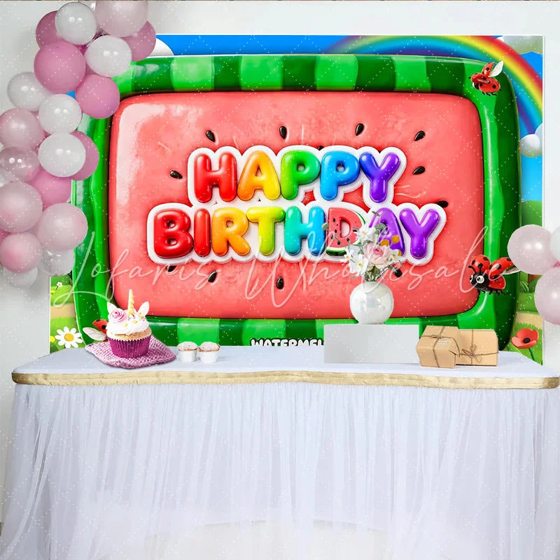 Lofaris Colorful Watermelon Cartoon Birthday Backdrop with Rainbow and Ladybugs Vibrant Party Background for Kids Photoshoot and Celebration