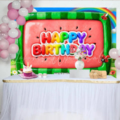 Lofaris Colorful Watermelon Cartoon Birthday Backdrop with Rainbow and Ladybugs Vibrant Party Background for Kids Photoshoot and Celebration