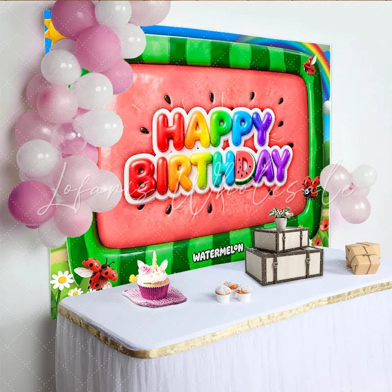 Lofaris Colorful Watermelon Cartoon Birthday Backdrop with Rainbow and Ladybugs Vibrant Party Background for Kids Photoshoot and Celebration