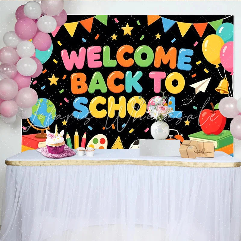 Lofaris Colorful Welcome Back to School Backdrop with Balloons and Books Vibrant Classroom Decoration Background for Students