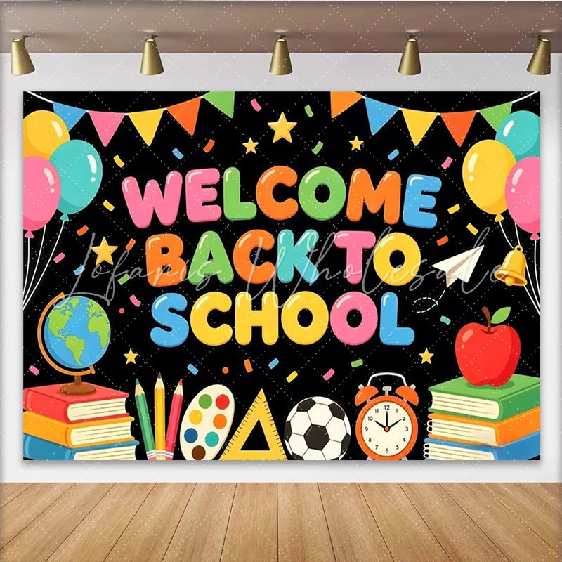 Lofaris Colorful Welcome Back to School Backdrop with Balloons and Books Vibrant Classroom Decoration Background for Students