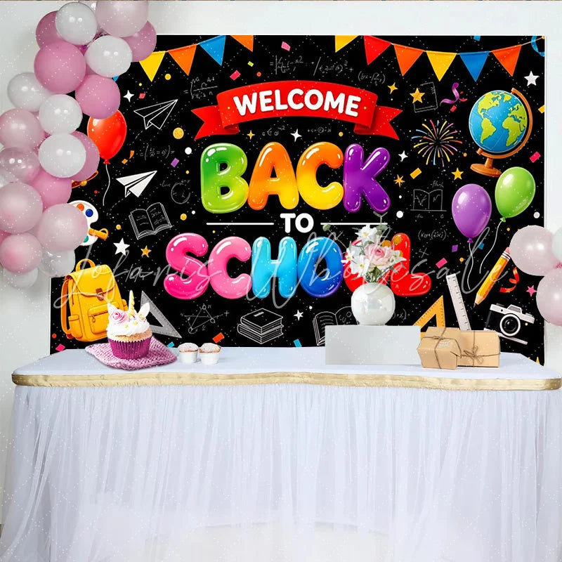 Lofaris Colorful Welcome Back To School Backdrop with Balloons and School Supplies Chalkboard Style Photography Background for Classroom