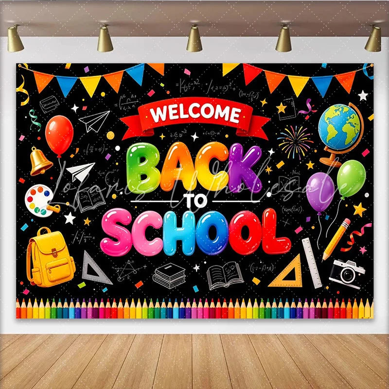 Lofaris Colorful Welcome Back To School Backdrop with Balloons and School Supplies Chalkboard Style Photography Background for Classroom