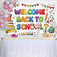 Lofaris Colorful Welcome Back To School Backdrop with Books and Bus Vibrant Classroom Photography Background for First Day Party