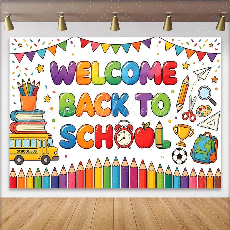Lofaris Colorful Welcome Back To School Backdrop with Books and Bus Vibrant Classroom Photography Background for First Day Party