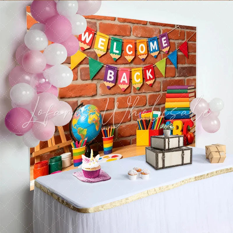 Lofaris Colorful Welcome Back to School Backdrop with Brick Wall Educational Theme Background for Classroom Photography