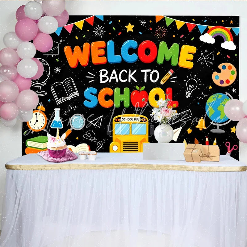 Lofaris Colorful Welcome Back To School Backdrop with Bus and Books Chalkboard Educational Background for Classroom Decor