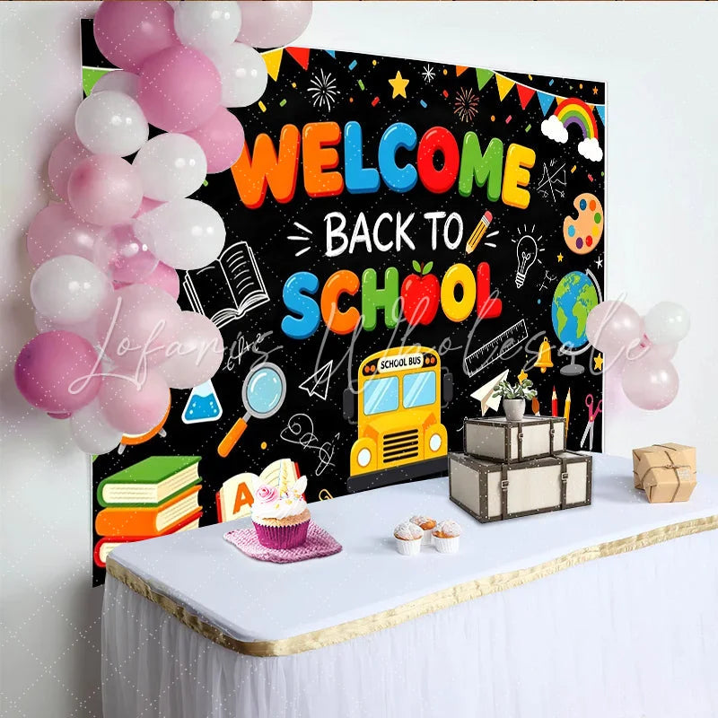 Lofaris Colorful Welcome Back To School Backdrop with Bus and Books Chalkboard Educational Background for Classroom Decor