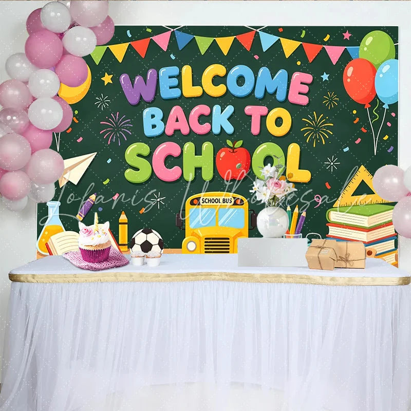 Lofaris Colorful Welcome Back To School Backdrop with Bus and Books Chalkboard Style Background for Classroom Decor and Studio Photos