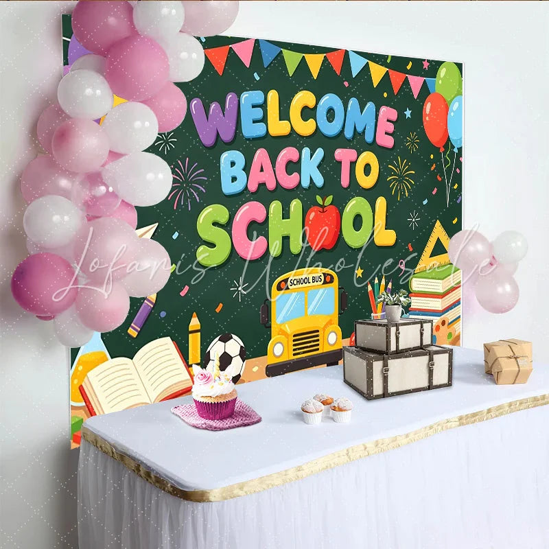 Lofaris Colorful Welcome Back To School Backdrop with Bus and Books Chalkboard Style Background for Classroom Decor and Studio Photos