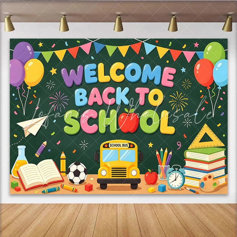 Lofaris Colorful Welcome Back To School Backdrop with Bus and Books Chalkboard Style Background for Classroom Decor and Studio Photos