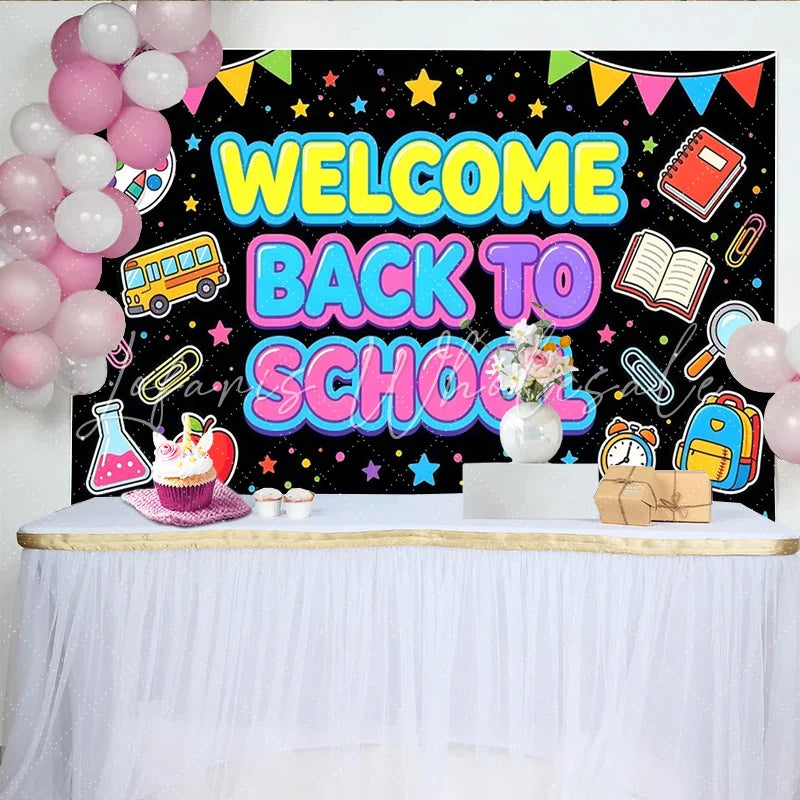 Lofaris Colorful Welcome Back To School Backdrop with Bus Books and Pencils Photo Background for First Day of School Party Decor