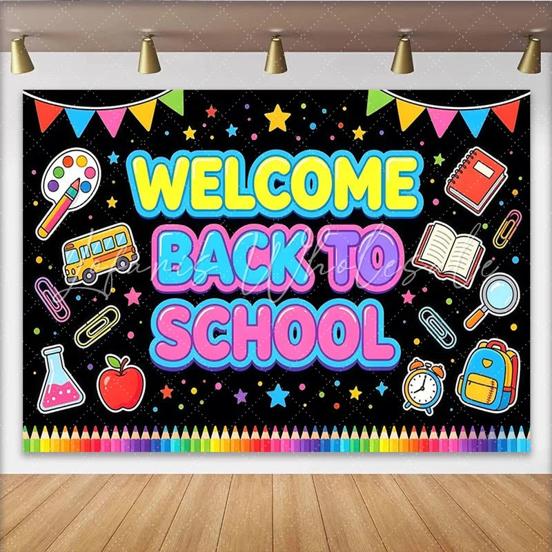 Lofaris Colorful Welcome Back To School Backdrop with Bus Books and Pencils Photo Background for First Day of School Party Decor