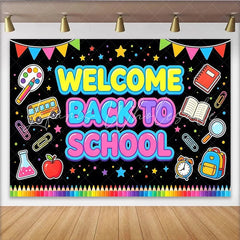 Lofaris Colorful Welcome Back To School Backdrop with Bus Books and Pencils Photo Background for First Day of School Party Decor