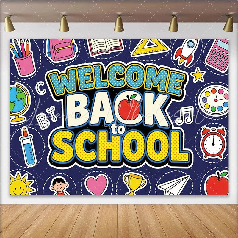Lofaris Colorful Welcome Back to School Backdrop with Cartoon Supplies Vibrant Classroom Photo Background for First Day of School Party