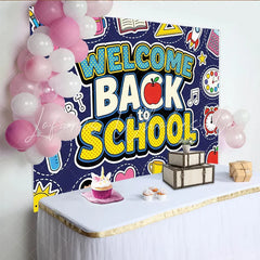Lofaris Colorful Welcome Back to School Backdrop with Cartoon Supplies Vibrant Classroom Photo Background for First Day of School Party