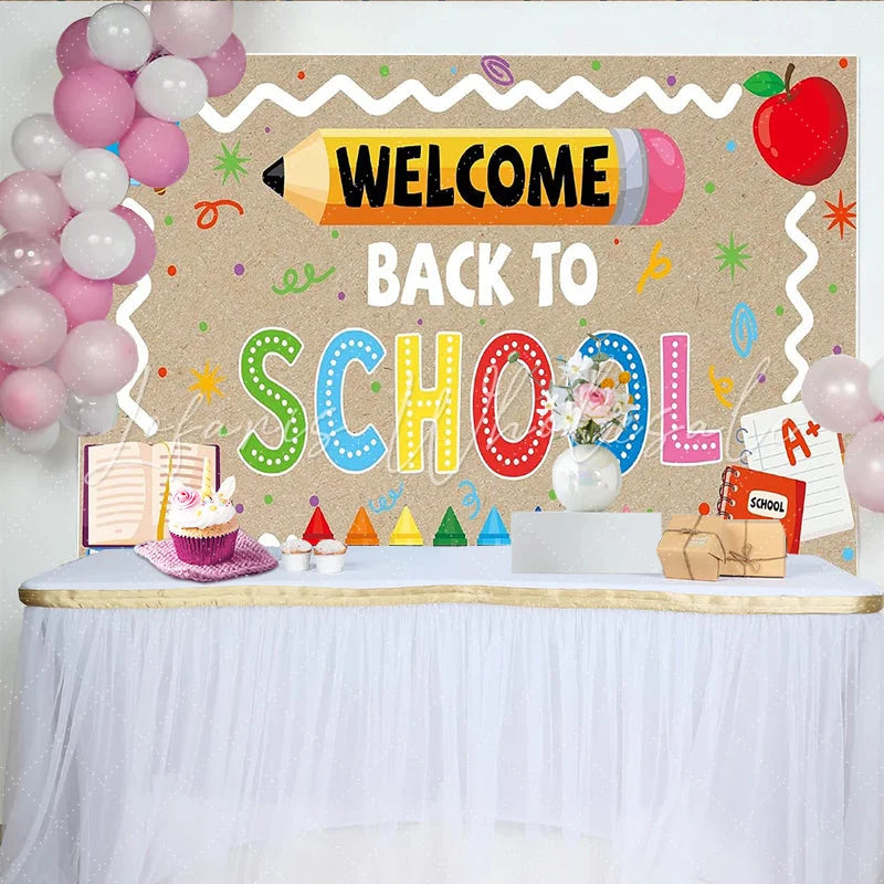 Lofaris Colorful Welcome Back to School Backdrop with Crayons and Pencil Educational Classroom Background for School Event Decoration