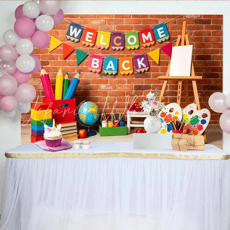 Lofaris Colorful Welcome Back to School Backdrop with Pencils and Paint Brick Wall Background for Classroom Decoration and Photo Booth Props