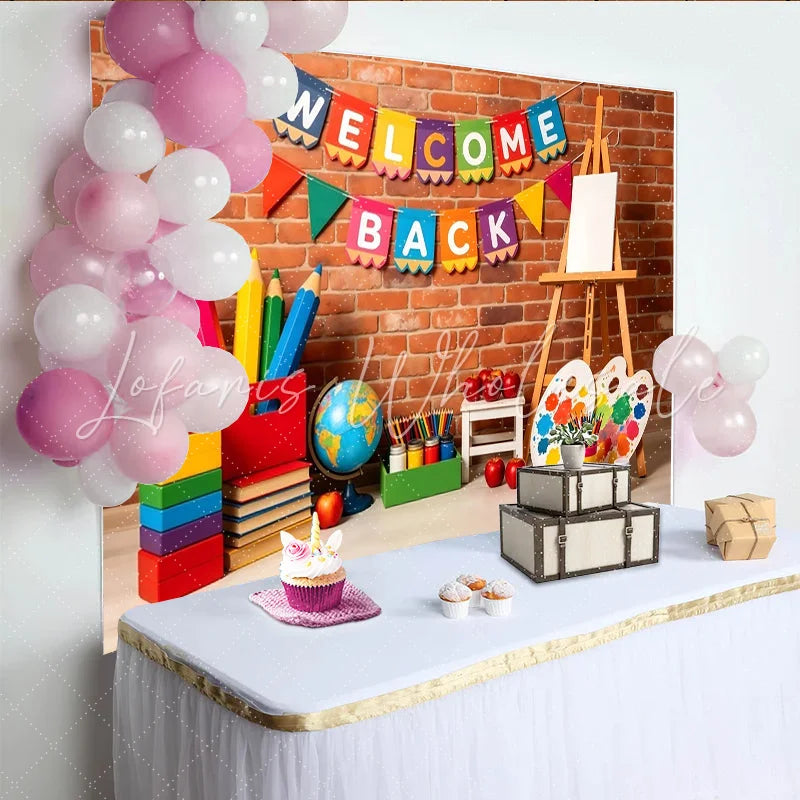 Lofaris Colorful Welcome Back to School Backdrop with Pencils and Paint Brick Wall Background for Classroom Decoration and Photo Booth Props