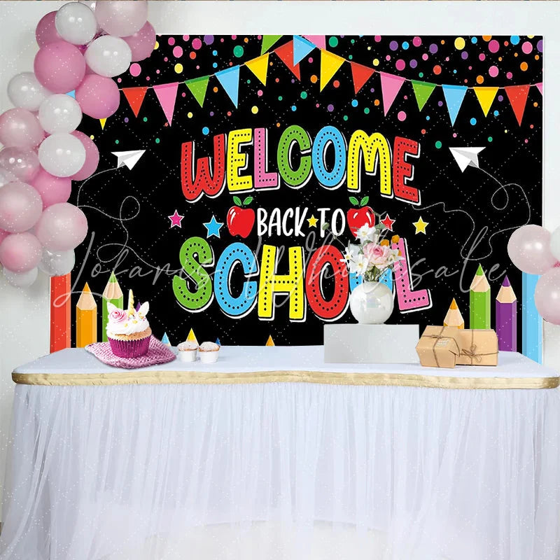 Lofaris Colorful Welcome Back to School Backdrop with Pencils Confetti and Banners for Classroom Decor Photo Booth Prop