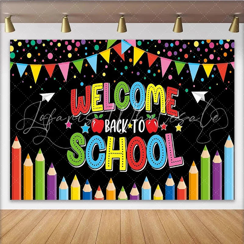 Lofaris Colorful Welcome Back to School Backdrop with Pencils Confetti and Banners for Classroom Decor Photo Booth Prop