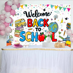Lofaris Colorful Welcome Back To School Backdrop with School Bus and Books Vibrant Educational Background for Classroom Decor and Party