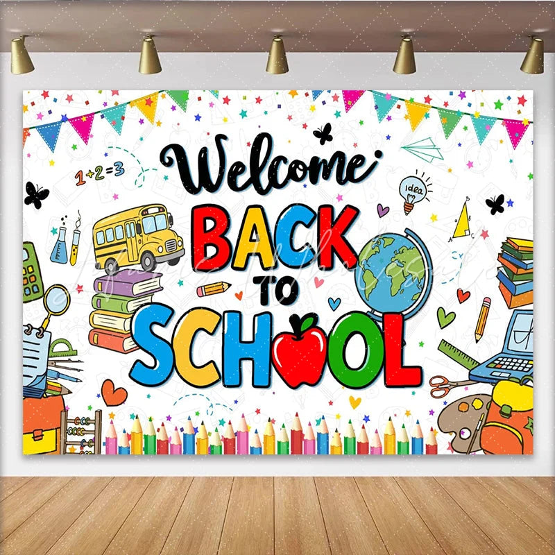 Lofaris Colorful Welcome Back To School Backdrop with School Bus and Books Vibrant Educational Background for Classroom Decor and Party