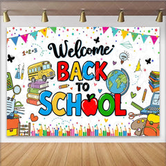 Lofaris Colorful Welcome Back To School Backdrop with School Bus and Books Vibrant Educational Background for Classroom Decor and Party