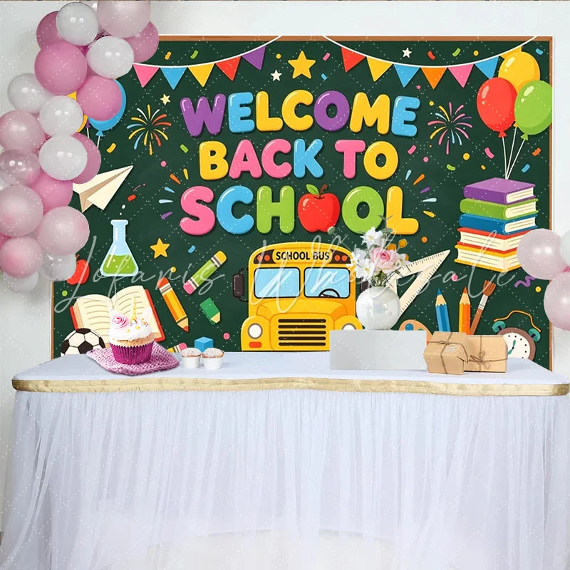 Lofaris Colorful Welcome Back To School Backdrop with School Bus and Books Vibrant Party Banner for Classroom Decor and Photoshoot