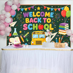 Lofaris Colorful Welcome Back To School Backdrop with School Bus and Books Vibrant Party Banner for Classroom Decor and Photoshoot