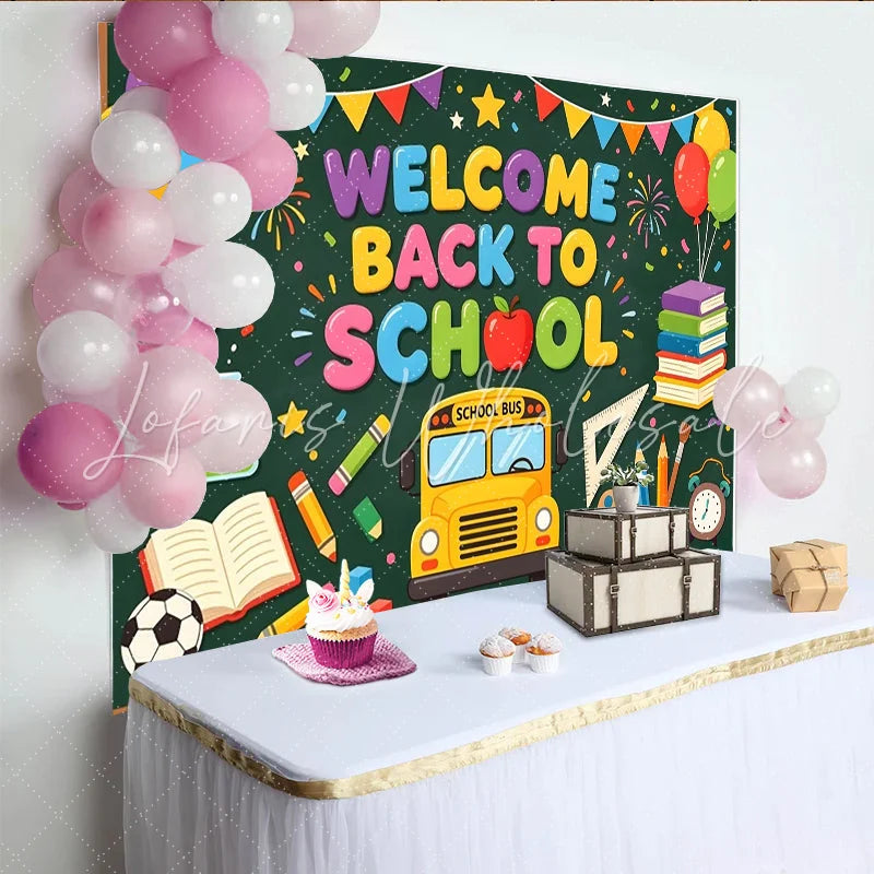 Lofaris Colorful Welcome Back To School Backdrop with School Bus and Books Vibrant Party Banner for Classroom Decor and Photoshoot