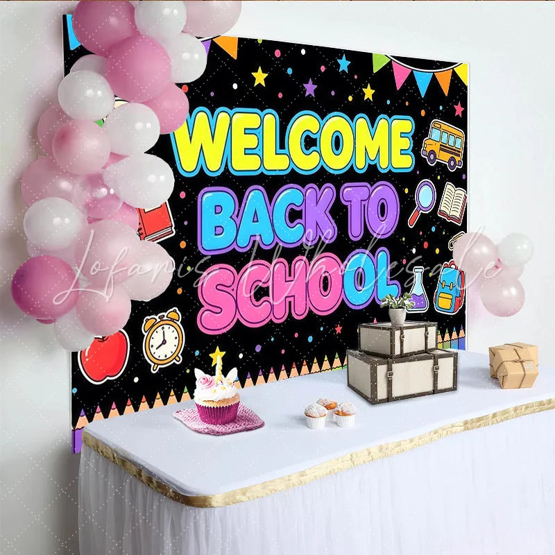 Lofaris Colorful Welcome Back to School Backdrop with School Bus and Pencils Bright Educational Party Decoration Background for Classroom