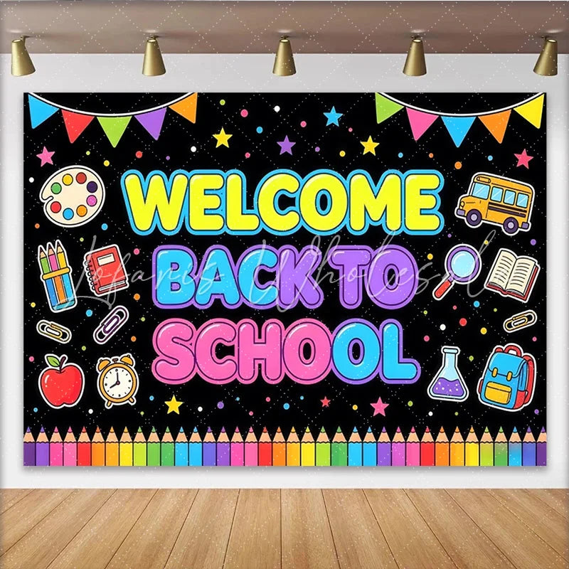 Lofaris Colorful Welcome Back to School Backdrop with School Bus and Pencils Bright Educational Party Decoration Background for Classroom