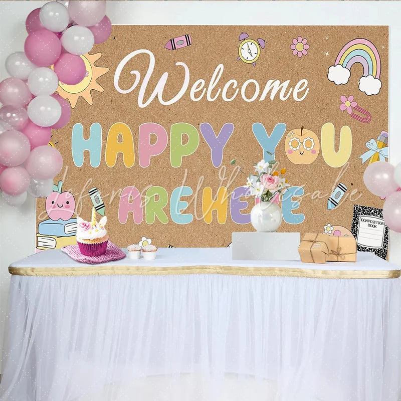 Lofaris Colorful Welcome School Photography Backdrop with Books and Rainbow Kraft Paper Texture Photo Background for Classroom Decor