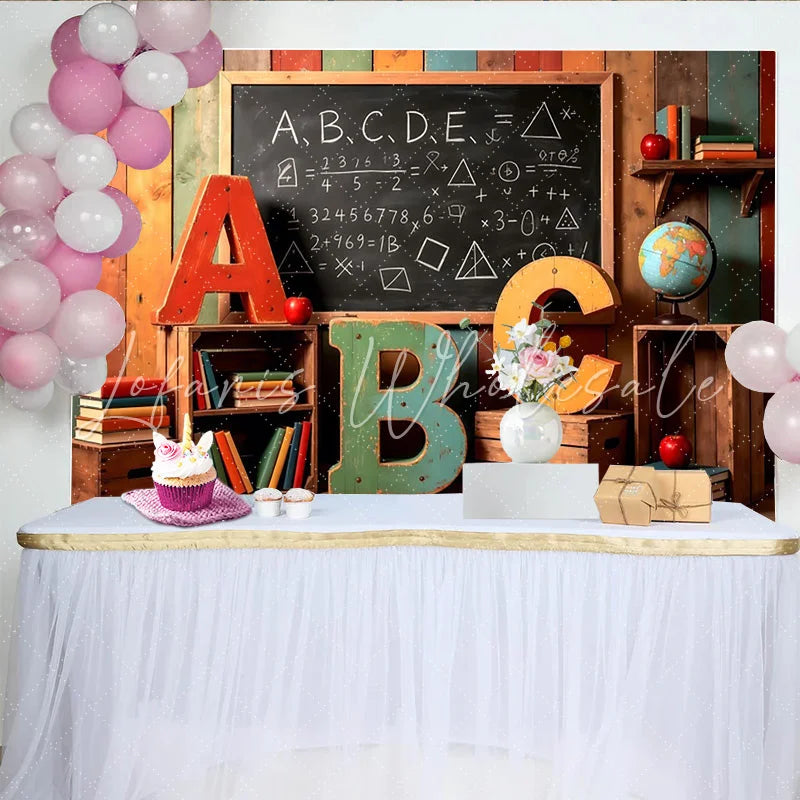 Lofaris Colorful Wooden Back To School Backdrop with Blackboard and ABC Letters Rustic Background for Kids Photography