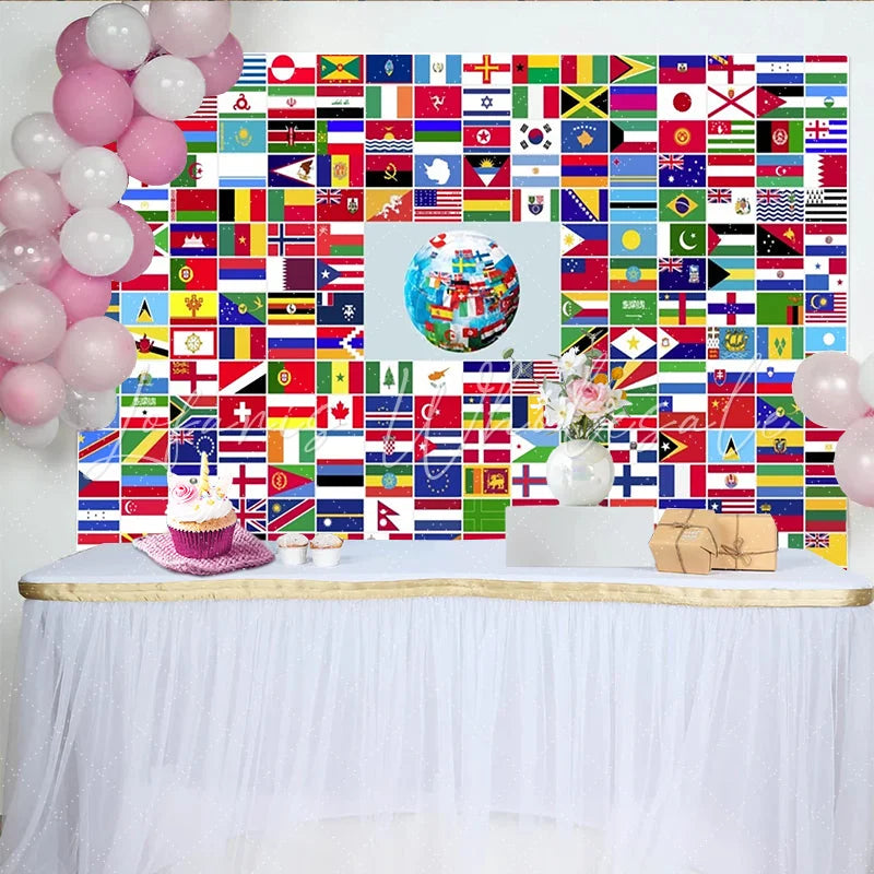 Lofaris Colorful World Flags Photography Backdrop with Globe Design International Theme Background for Educational and Cultural Events