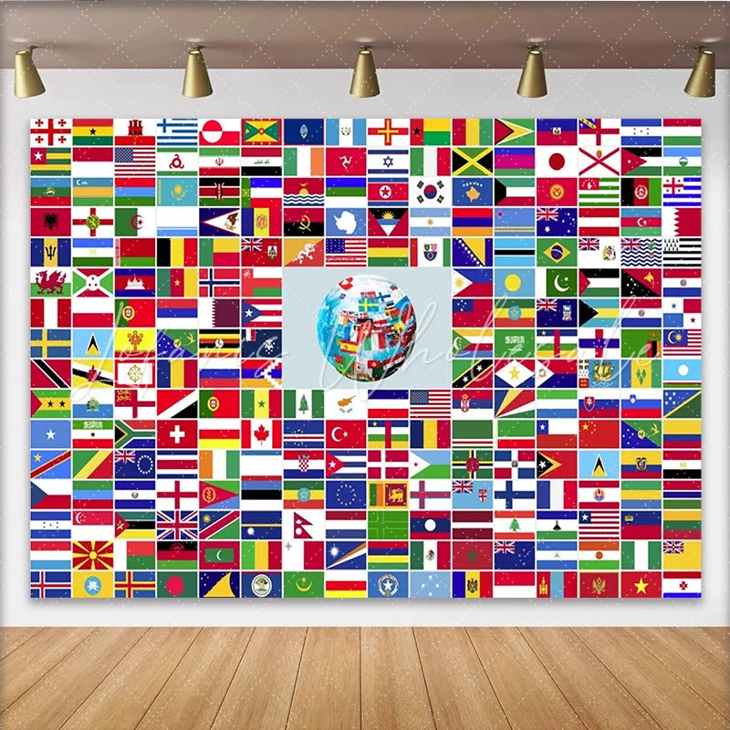 Lofaris Colorful World Flags Photography Backdrop with Globe Design International Theme Background for Educational and Cultural Events