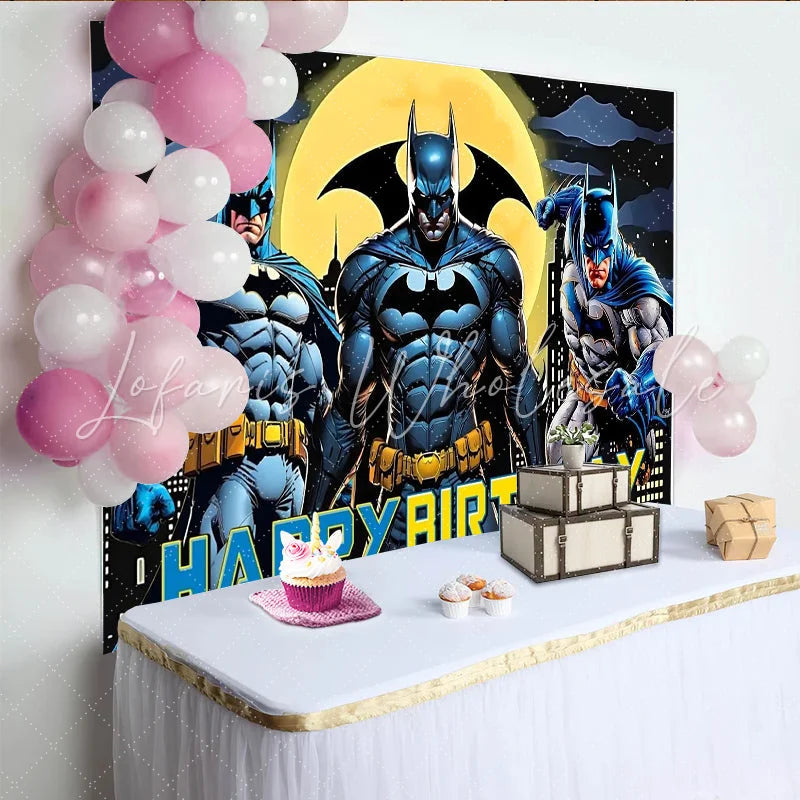 Lofaris Comic Book Superhero Birthday Backdrop with Cityscape and Moon Dynamic Party Background for Kids Photo Booth Decoration
