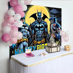 Lofaris Comic Book Superhero Birthday Backdrop with Cityscape and Moon Dynamic Party Background for Kids Photo Booth Decoration