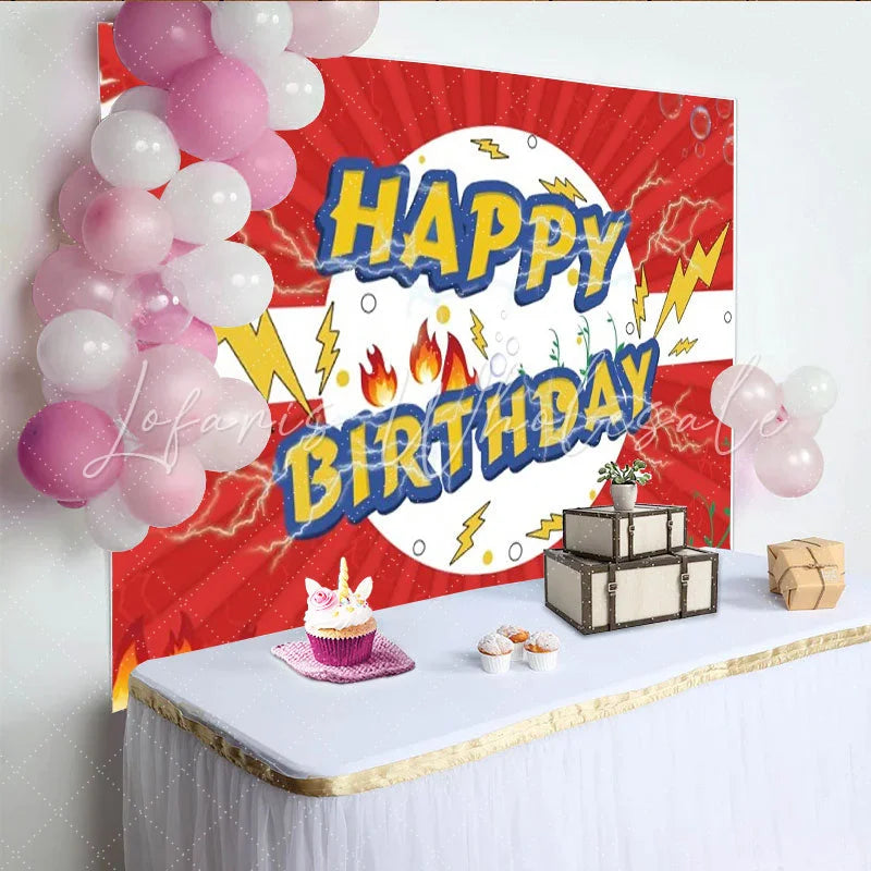 Lofaris Comic Hero Happy Birthday Backdrop Red Sunburst Lightning and Fire Power Party Decoration