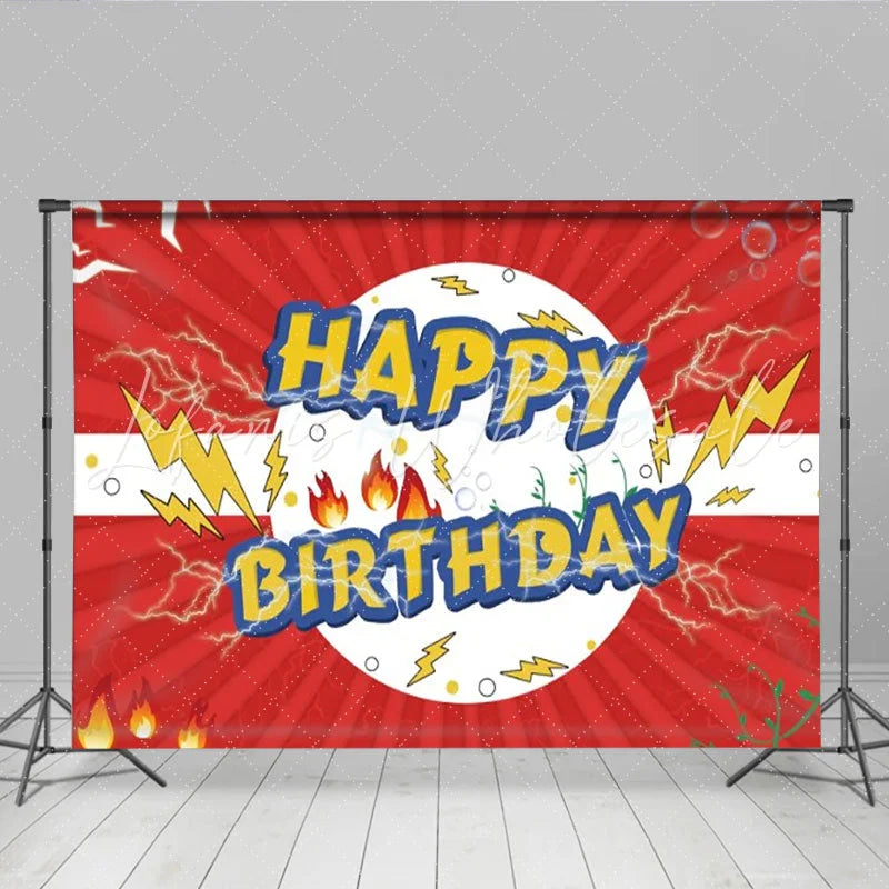 Lofaris Comic Hero Happy Birthday Backdrop Red Sunburst Lightning and Fire Power Party Decoration