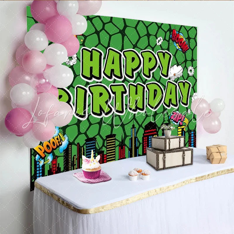 Lofaris Comic Super Hero City Birthday Backdrop Green Monster Texture Boom Pow Party Decoration Urban Skyline Photo Background
