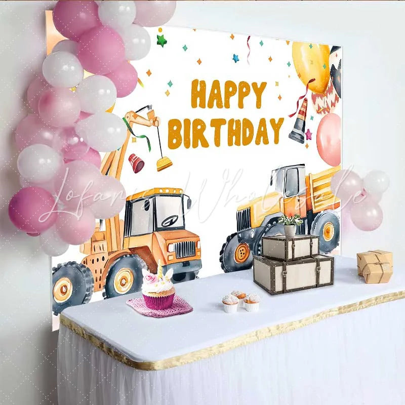 Lofaris Construction Crane Birthday Backdrop Truck Balloon Confetti Background Boy Party Decoration Prop