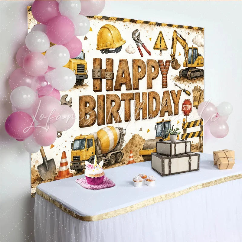 Lofaris Construction Happy Birthday Backdrop with Dump Truck and Excavator Fun Party Background for Kids Photo Booth Decor
