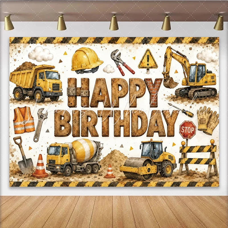 Lofaris Construction Happy Birthday Backdrop with Dump Truck and Excavator Fun Party Background for Kids Photo Booth Decor
